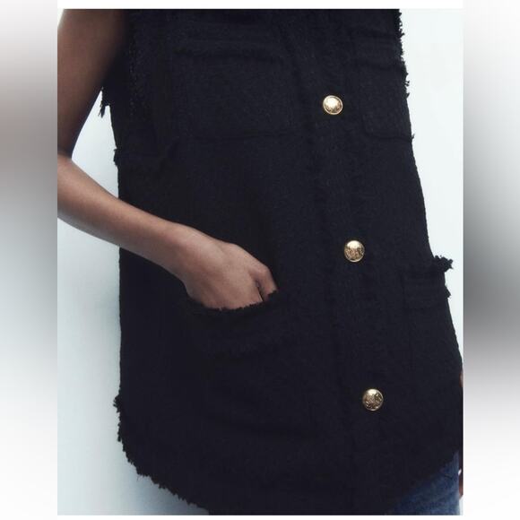 Zara Black Tweed Fringe Gold Button Vest - Picture 3 of 7